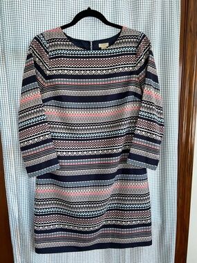 J. Crew Navy, White & Pink Patterned Long-Sleeve Shift Dress